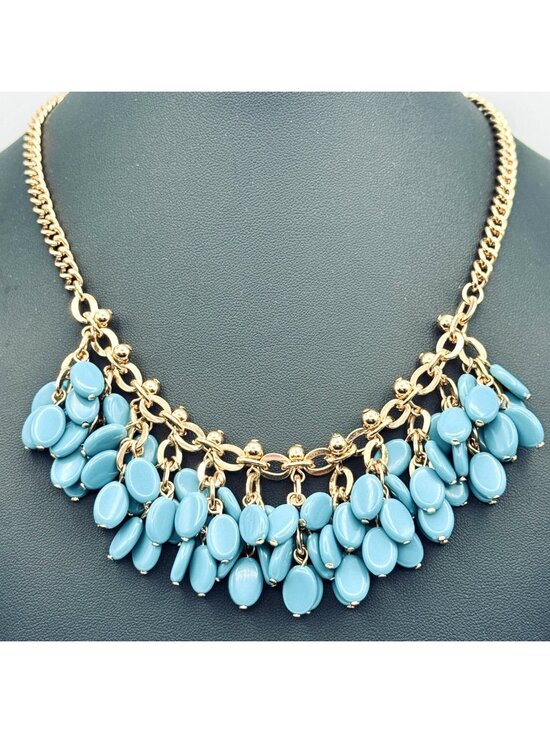 SHB Jewelry - Vintage Shaky Bead Statement Necklace Blue Acrylic Gold Tone Beachy Signed SHB